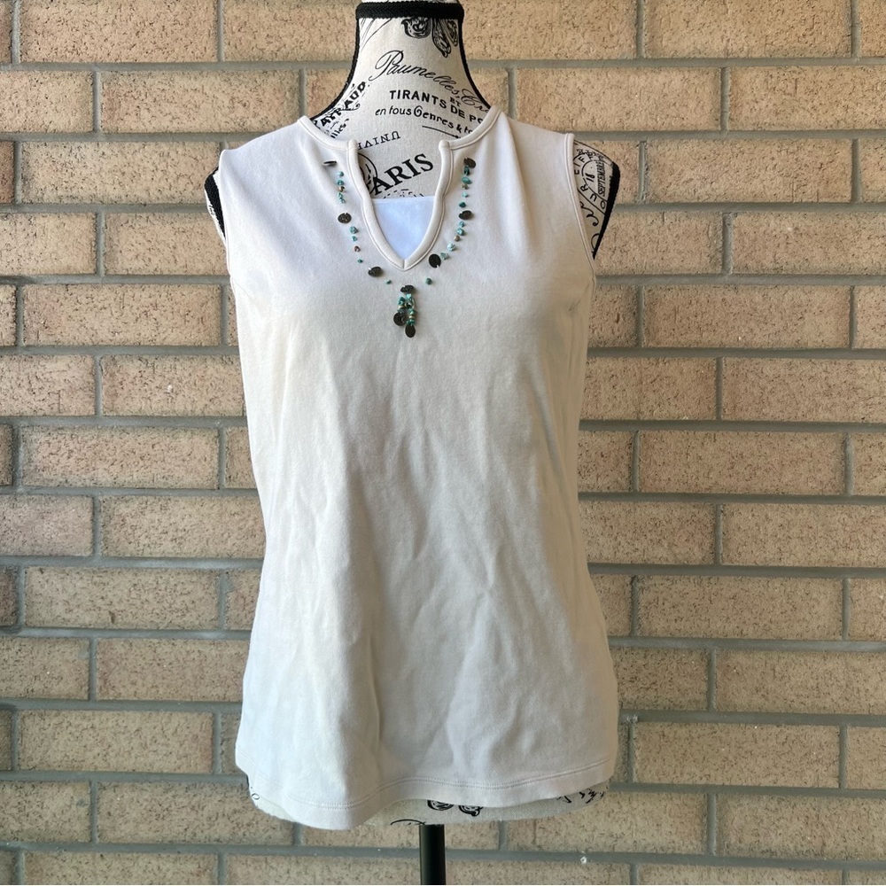 White V neck tank top with turquoise and black beads